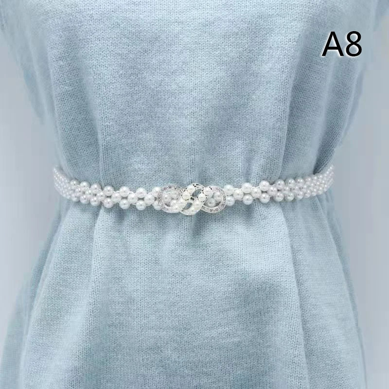 Large Pearl Waist Chain Women's Elastic Belt with Diamond Decoration All-match Skirt Fashion Casual Luxury Design Girdle Gothic
