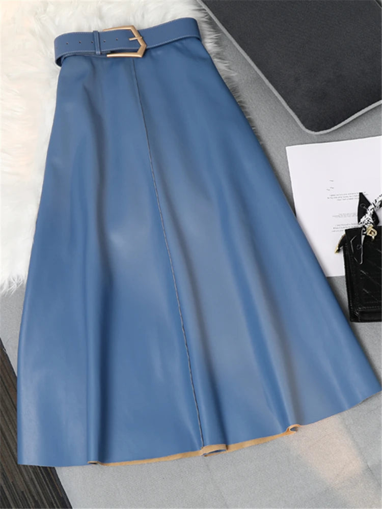 REALEFT Classic Faux PU Leather Long Skirts with Belted New High Waist Fashion Umbrella Skirts Ladies Female Autumn Winter