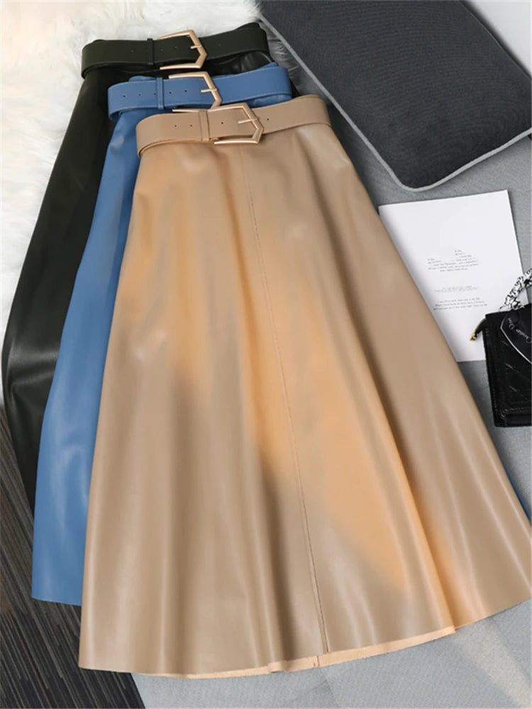 REALEFT Classic Faux PU Leather Long Skirts with Belted New High Waist Fashion Umbrella Skirts Ladies Female Autumn Winter