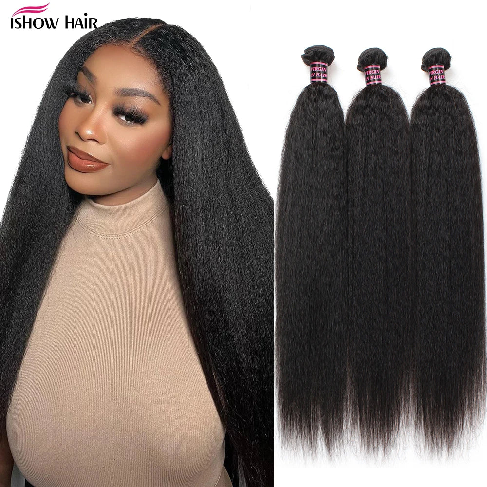 Ishow Kinky Straight Bundles Brazilian Yaki Straight Hair Bundles For Women 1/3/4pcs Human Hair Bundles Remy Hair Extension