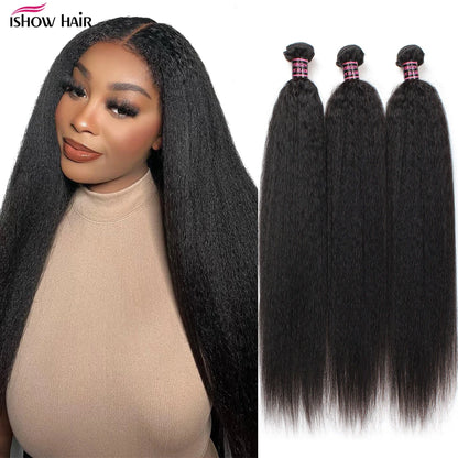 Ishow Kinky Straight Bundles Brazilian Yaki Straight Hair Bundles For Women 1/3/4pcs Human Hair Bundles Remy Hair Extension