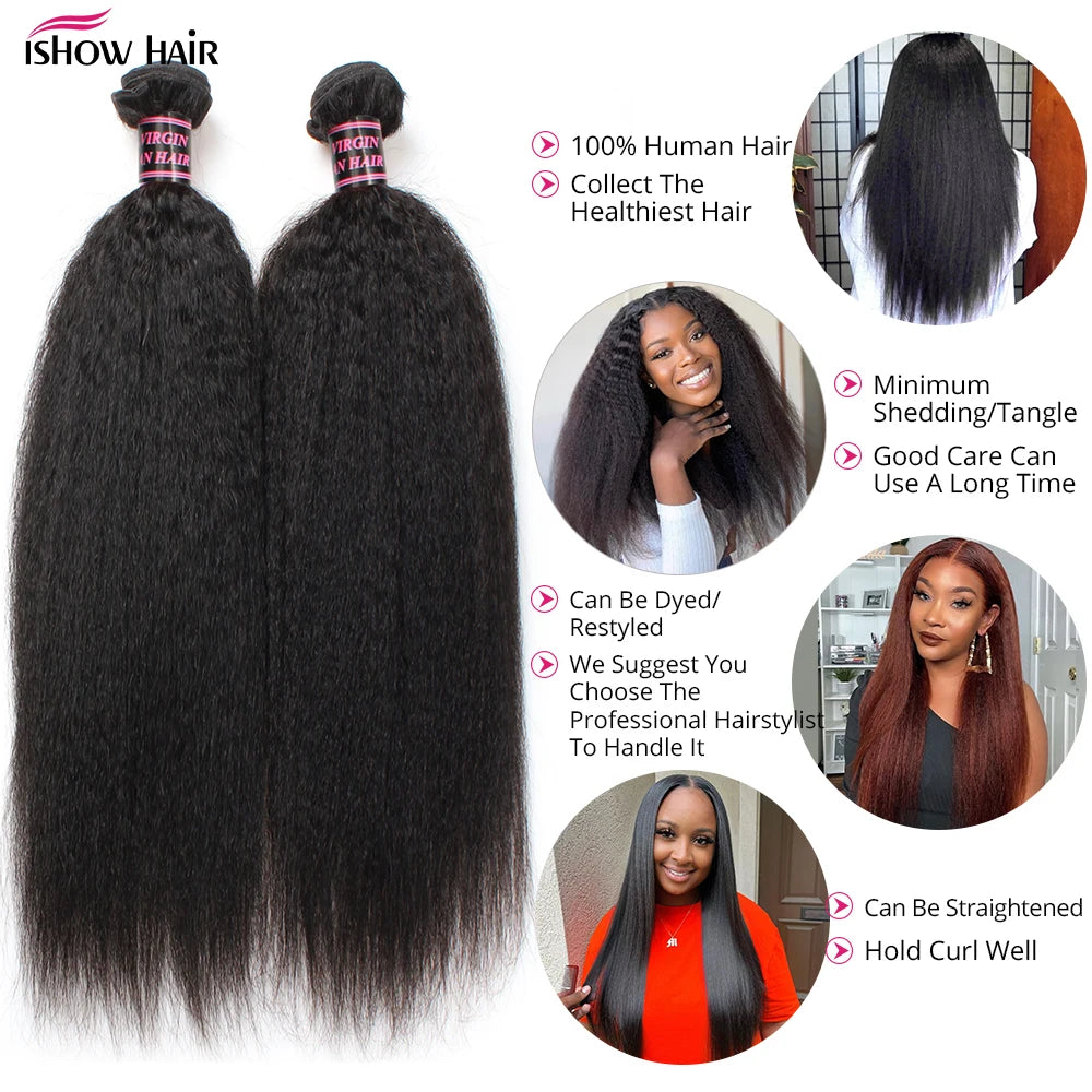 Ishow Kinky Straight Bundles Brazilian Yaki Straight Hair Bundles For Women 1/3/4pcs Human Hair Bundles Remy Hair Extension
