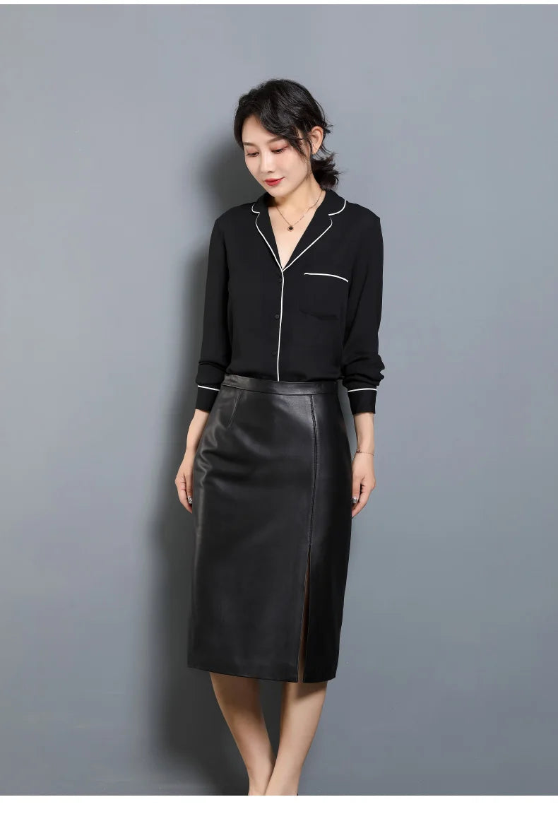 Women's Leather Skirt, High Waist, Genuine Sheepskin, A-Line, Medium Length, Spring, Autumn, M, 4XL