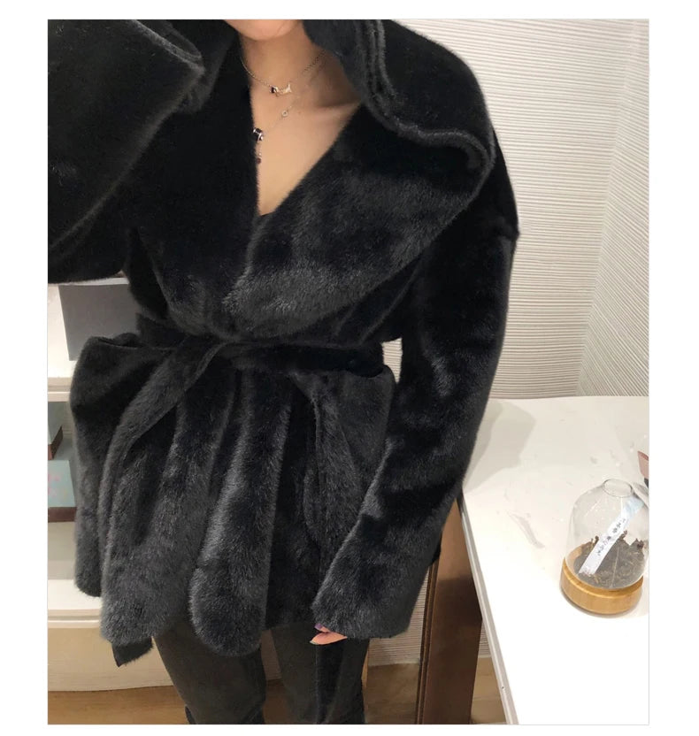 Lautaro Winter Black Warm Oversized Faux Fur Cardigan Women Drop Shoulder Long Sleeve Sashes Loose Stylish Korean Fashion 2021