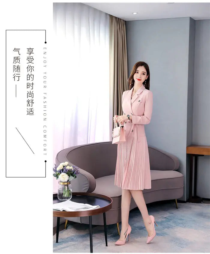 Notched Pleated Dress for Ladies Professional Suit Office Blazer Pink or Black Workwear Spring and Autumn New Fashion K1093
