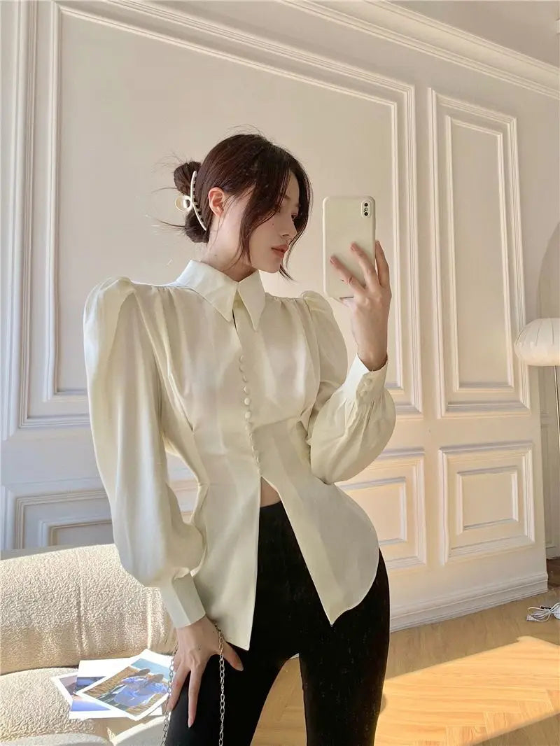 Shirts Women Vintage Fashion Design Puff Sleeve Sexy Split Spring Autumn Harajuku Elegant Office Lady Casual Tunic College Retro