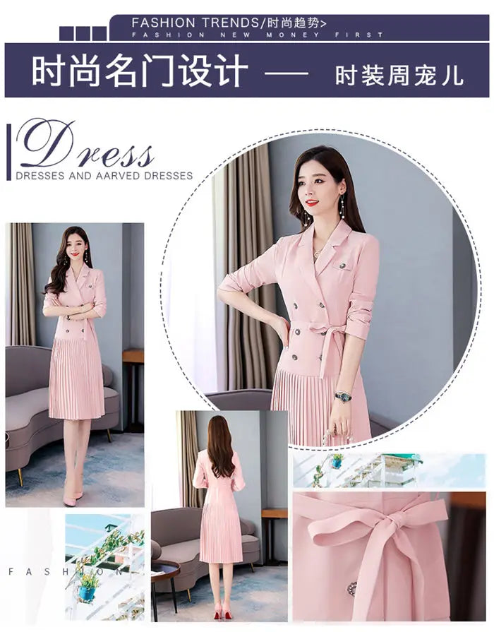 Notched Pleated Dress for Ladies Professional Suit Office Blazer Pink or Black Workwear Spring and Autumn New Fashion K1093