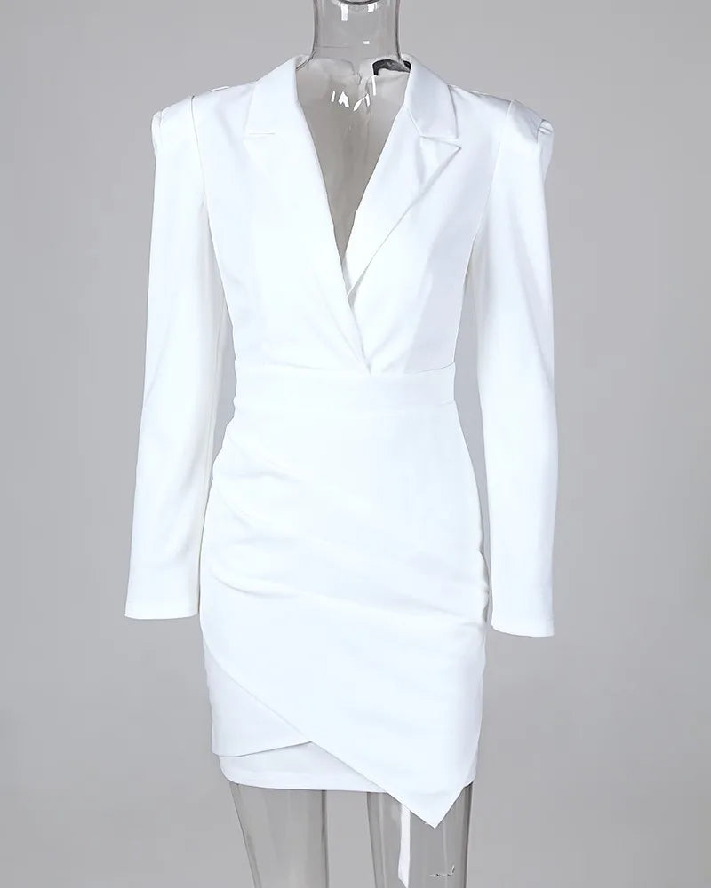 Elegant Notched Collar Padded Shoulder Ruched Blazer Dress Long Sleeve White Dress Office Workwear Blazer Vestidos