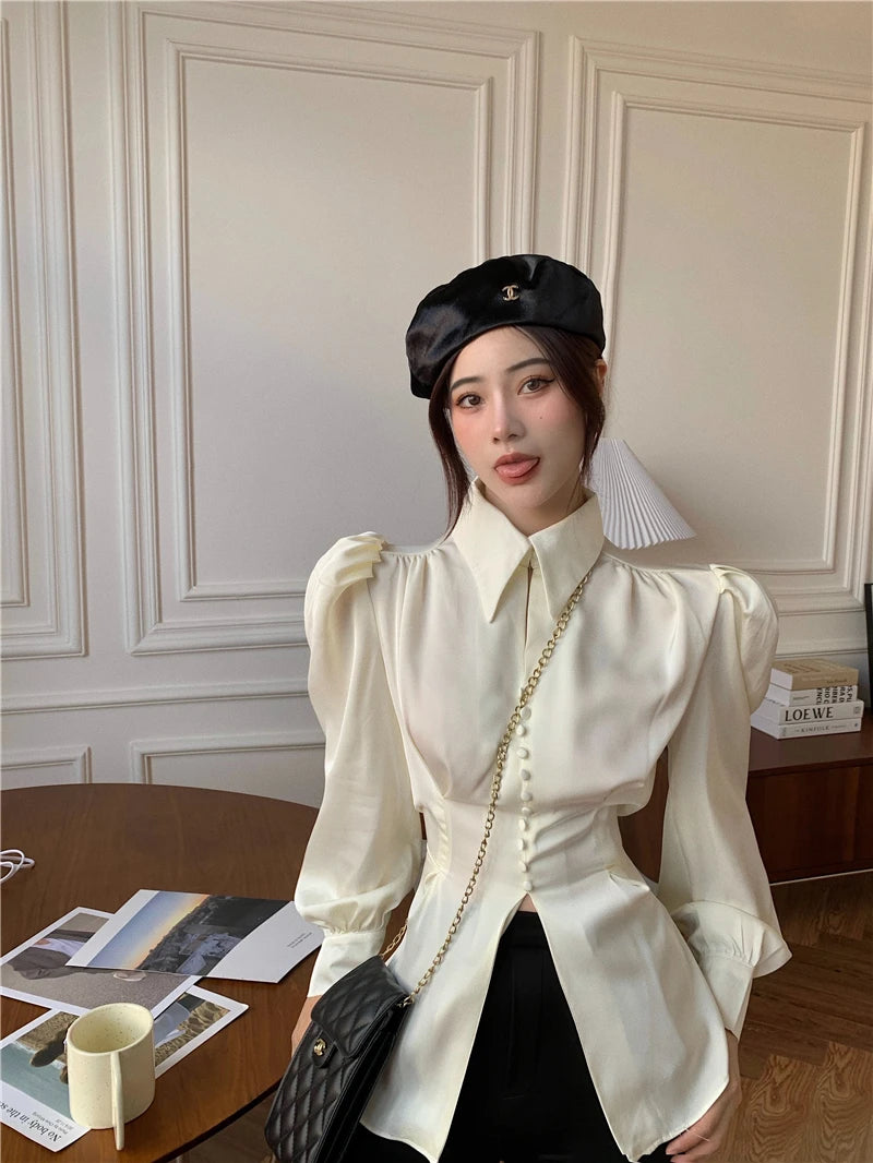 Casual Chiffon Blouse and Tops Women 2024 Autumn Fashion Design Elegant Puff Sleeve Shirts Ladies French Bow Korean Style