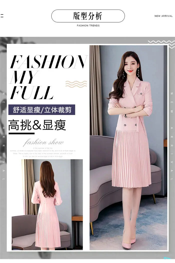 Notched Pleated Dress for Ladies Professional Suit Office Blazer Pink or Black Workwear Spring and Autumn New Fashion K1093