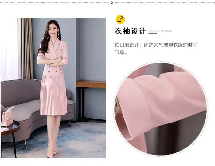 Notched Pleated Dress for Ladies Professional Suit Office Blazer Pink or Black Workwear Spring and Autumn New Fashion K1093