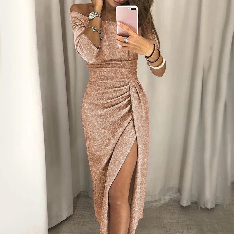 2022 Lady Evening Party Dresses Off Shoulder High Waist Long Dress Elegant Sexy Club Vestidos Spring Summer Solid Women's Tunic