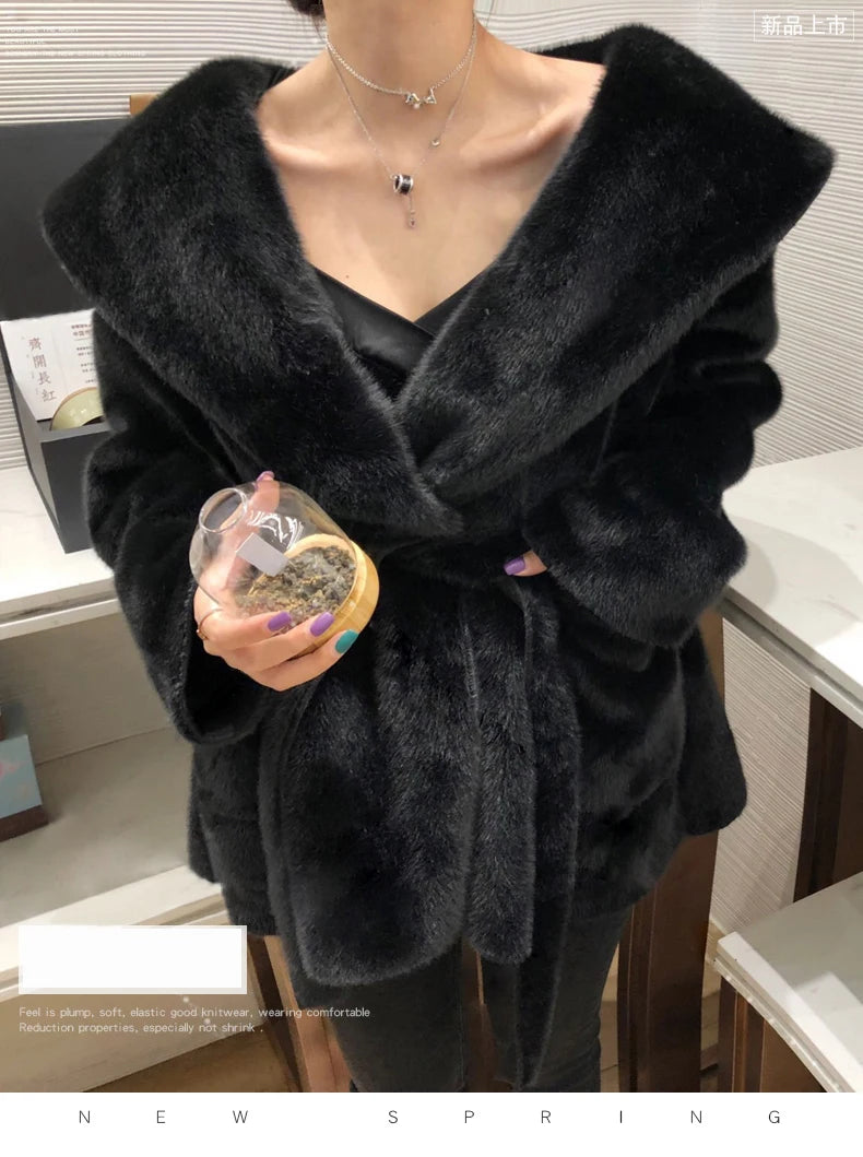 Lautaro Winter Black Warm Oversized Faux Fur Cardigan Women Drop Shoulder Long Sleeve Sashes Loose Stylish Korean Fashion 2021