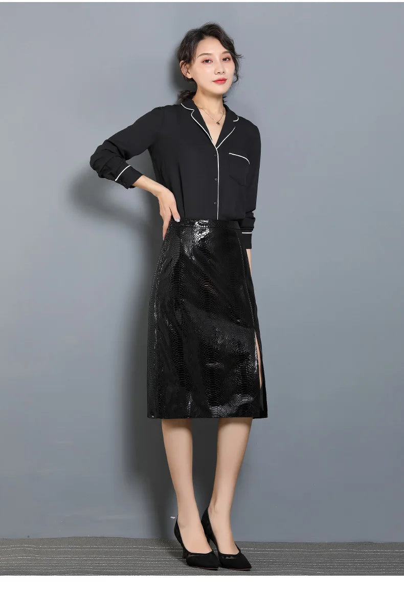 Women's Leather Skirt, High Waist, Genuine Sheepskin, A-Line, Medium Length, Spring, Autumn, M, 4XL