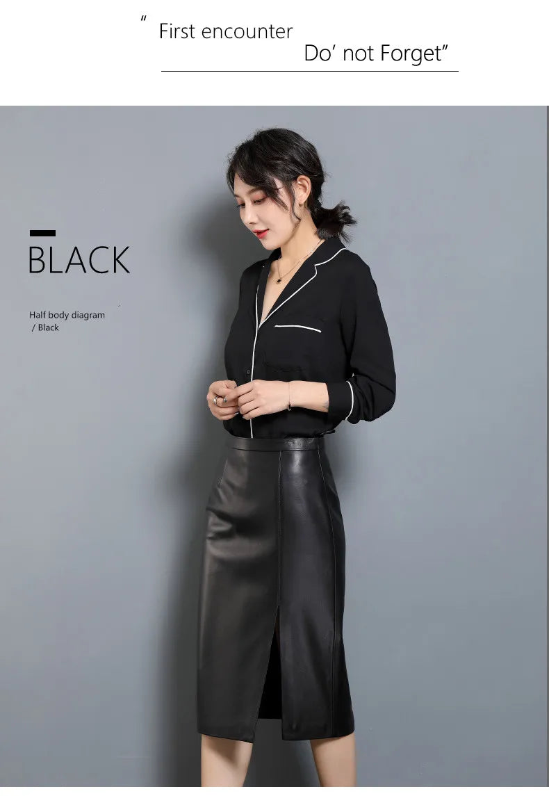Women's Leather Skirt, High Waist, Genuine Sheepskin, A-Line, Medium Length, Spring, Autumn, M, 4XL