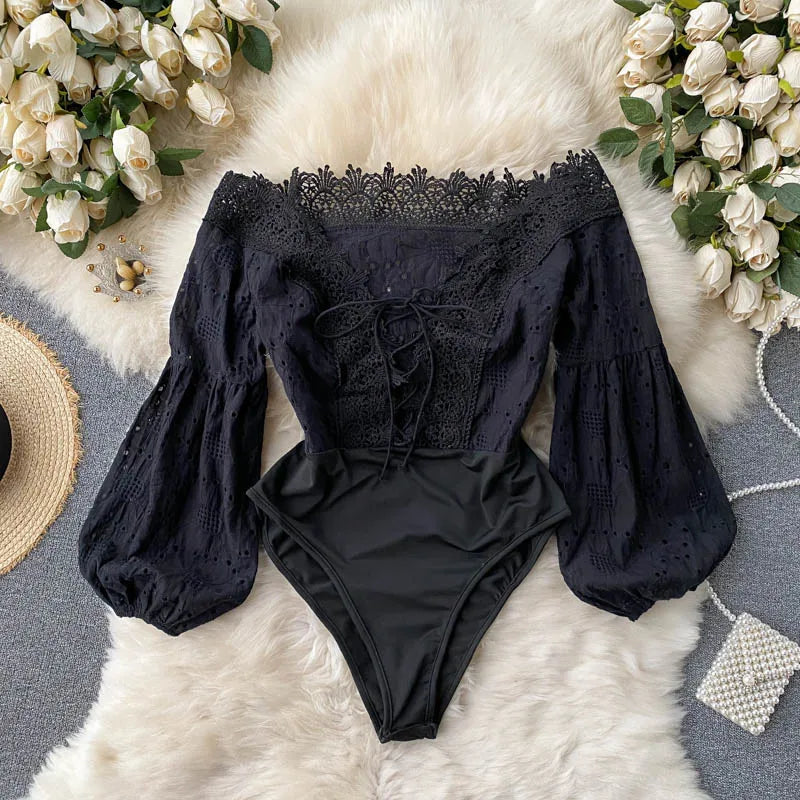 Women's Bodysuits 2025 Summer Autumn Ins Hollow Lace Spliced Lace-up V-neck Off Shoulder Lantern Sleeve Sexy Club Body Suits
