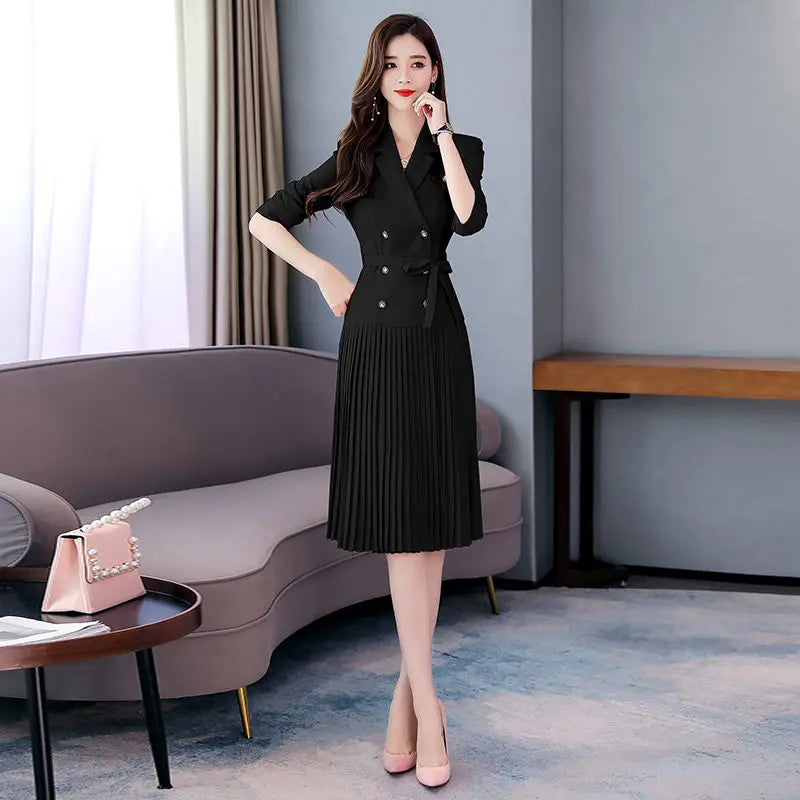 Notched Pleated Dress for Ladies Professional Suit Office Blazer Pink or Black Workwear Spring and Autumn New Fashion K1093