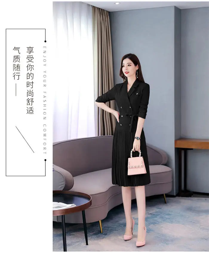 Notched Pleated Dress for Ladies Professional Suit Office Blazer Pink or Black Workwear Spring and Autumn New Fashion K1093