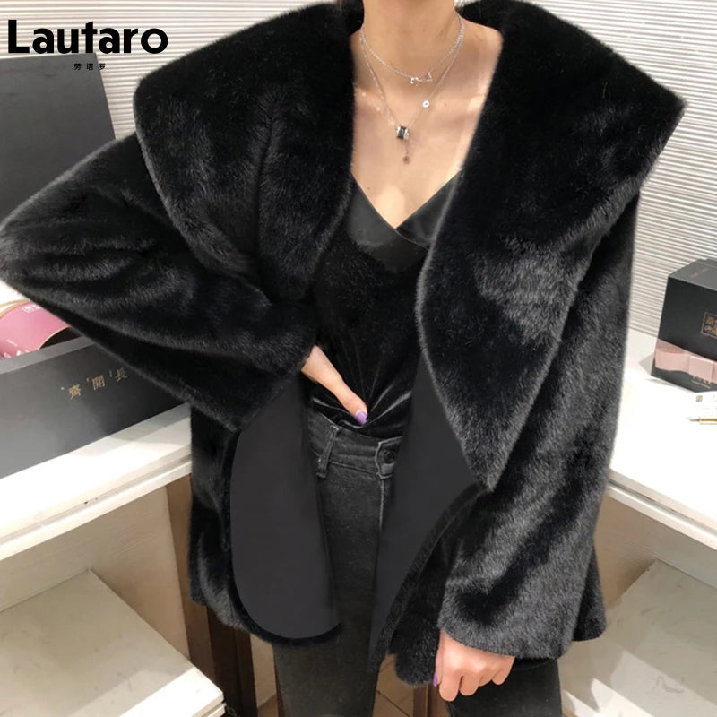 Lautaro Winter Black Warm Oversized Faux Fur Cardigan Women Drop Shoulder Long Sleeve Sashes Loose Stylish Korean Fashion 2021