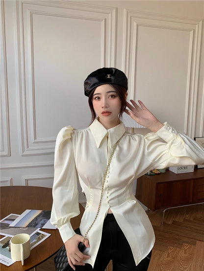Casual Chiffon Blouse and Tops Women 2024 Autumn Fashion Design Elegant Puff Sleeve Shirts Ladies French Bow Korean Style