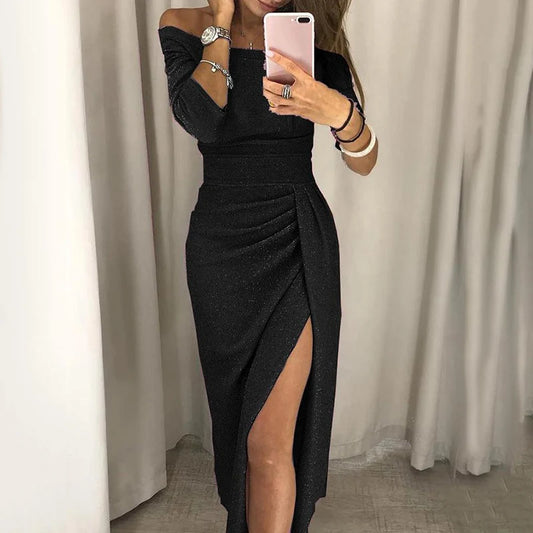 Fashion Elegant Lady Evening Party Dresses 2023 Autumn Women's Clothing Off Shoulder High Waist Sexy Club Slash Neck Midi Dress