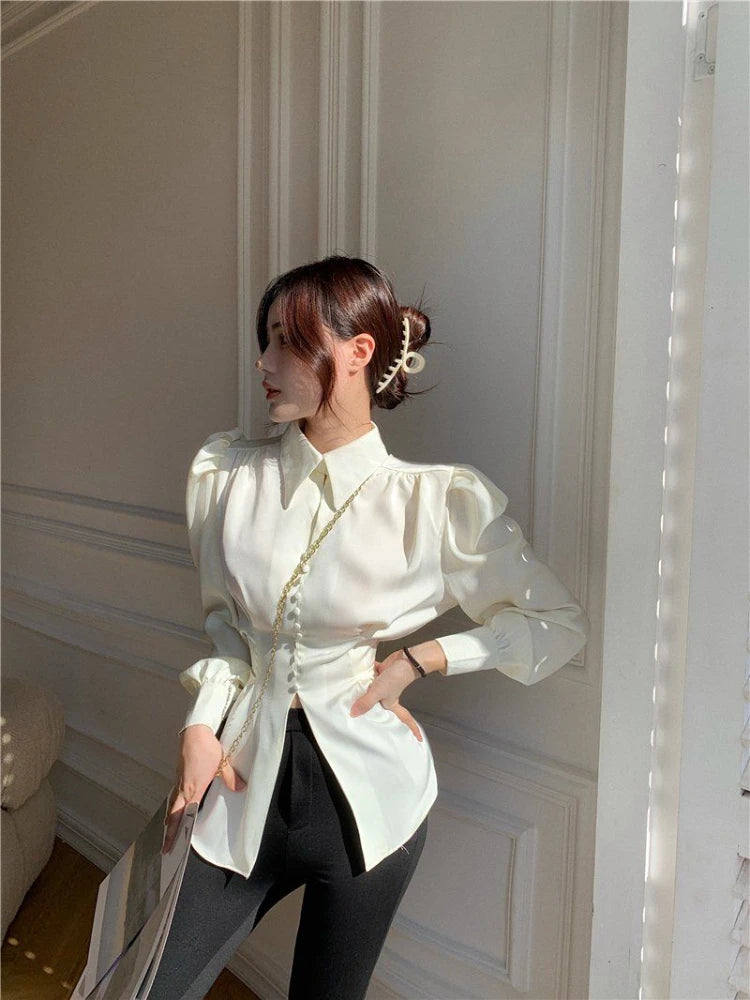 Shirts Women Vintage Fashion Design Puff Sleeve Sexy Split Spring Autumn Harajuku Elegant Office Lady Casual Tunic College Retro