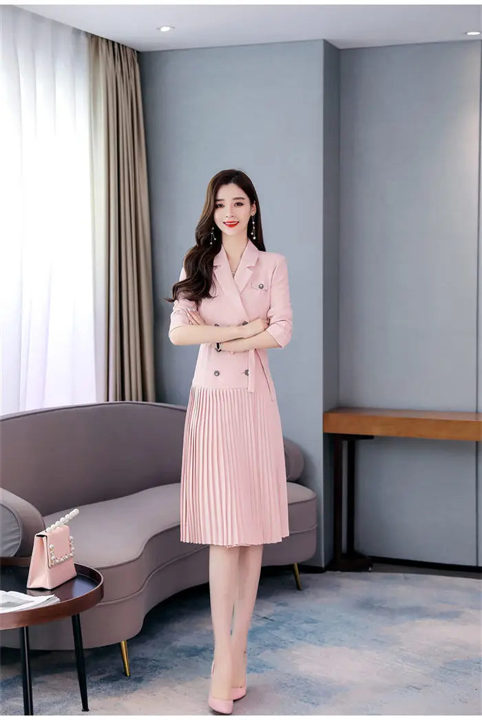 Notched Pleated Dress for Ladies Professional Suit Office Blazer Pink or Black Workwear Spring and Autumn New Fashion K1093