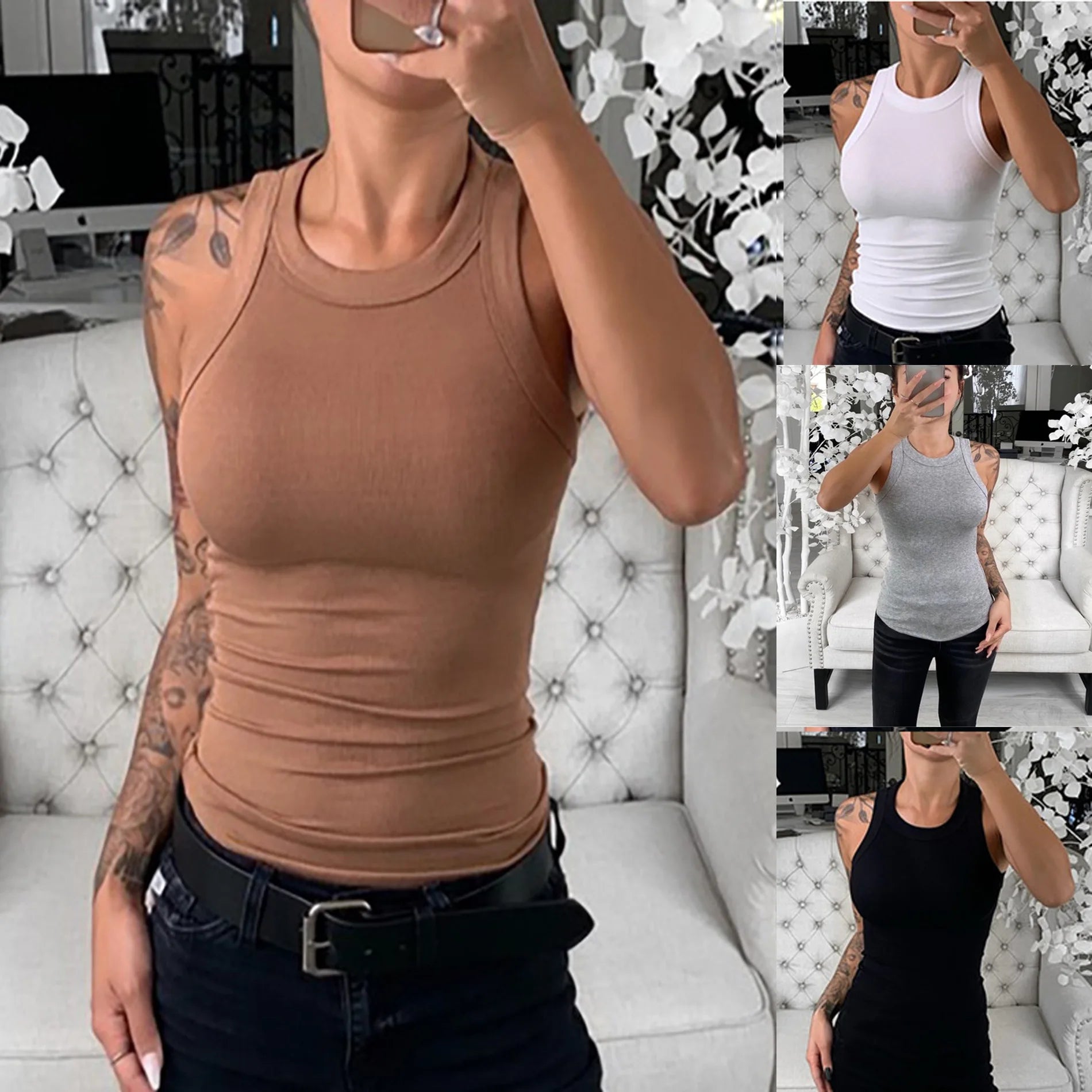 Women Solid Round Neck Ribbed Tank Top Camisole Women Summer Basic Elastic Tank Top O Neck Solid Tank Top