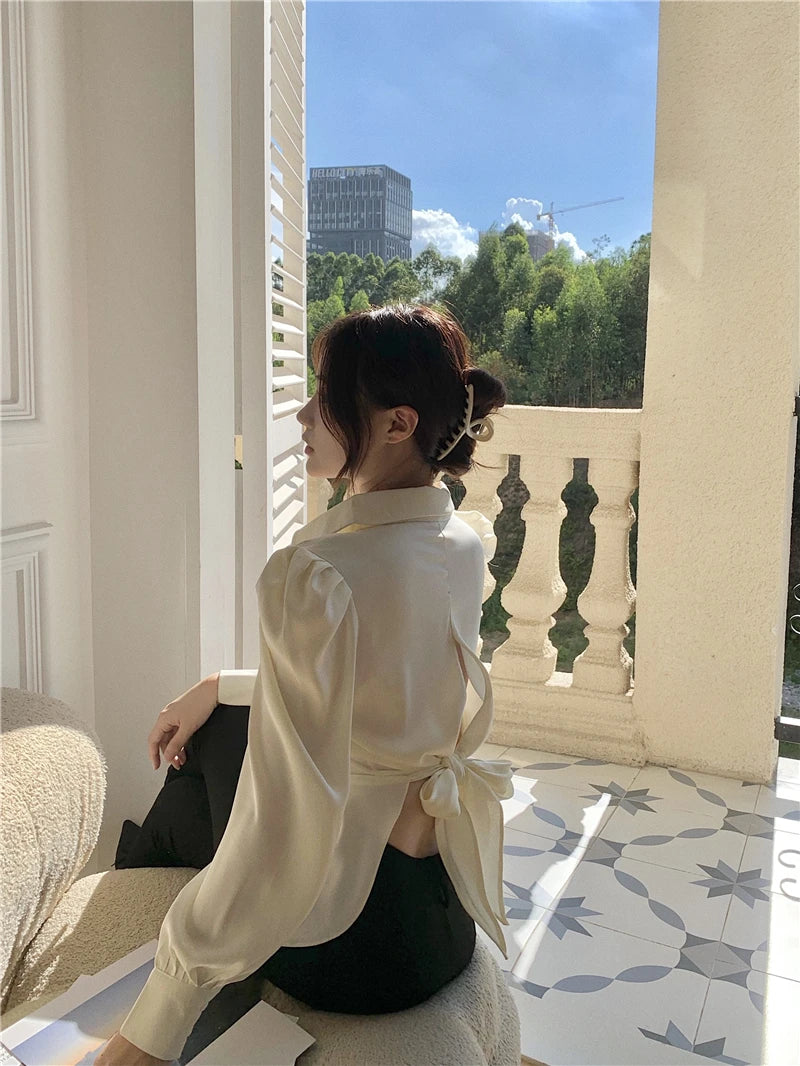 Casual Chiffon Blouse and Tops Women 2024 Autumn Fashion Design Elegant Puff Sleeve Shirts Ladies French Bow Korean Style