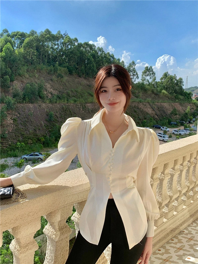 Casual Chiffon Blouse and Tops Women 2024 Autumn Fashion Design Elegant Puff Sleeve Shirts Ladies French Bow Korean Style
