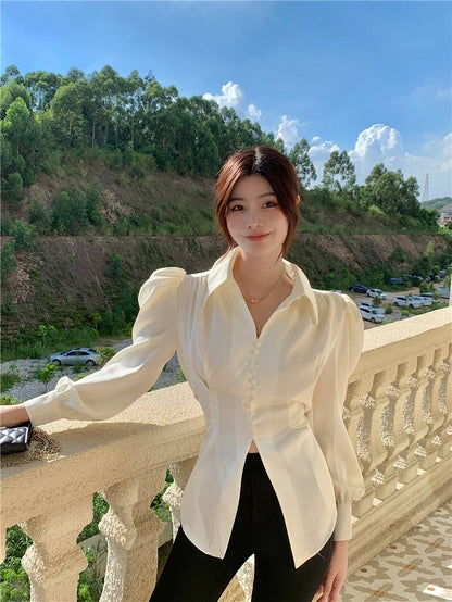 Casual Chiffon Blouse and Tops Women 2024 Autumn Fashion Design Elegant Puff Sleeve Shirts Ladies French Bow Korean Style