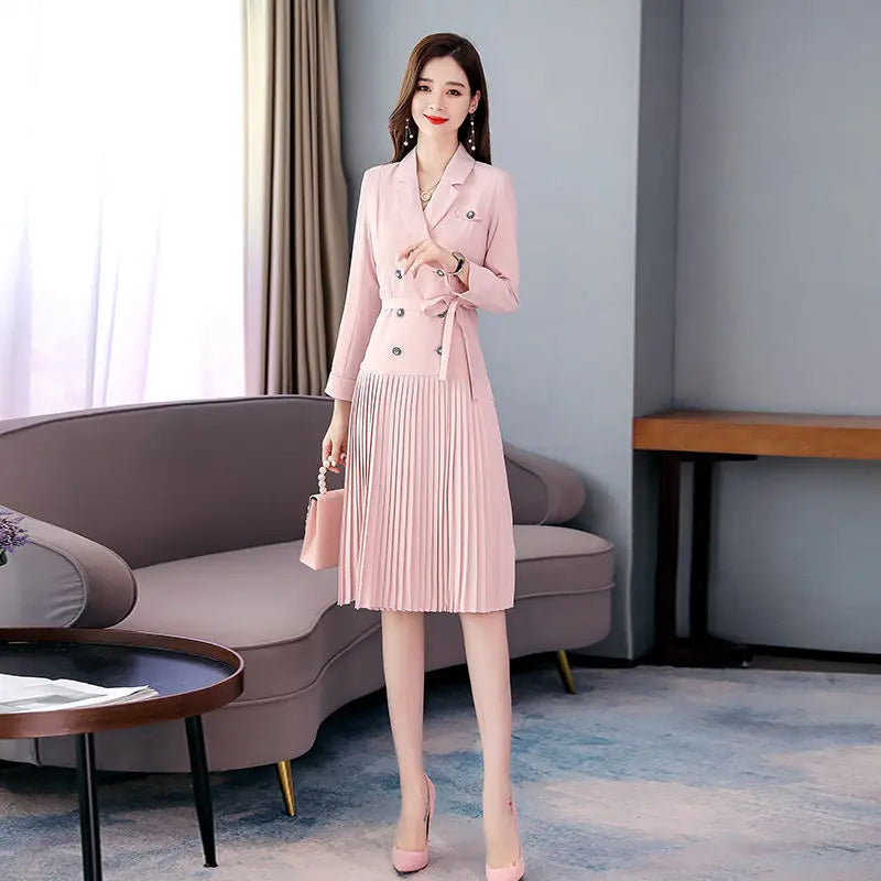 Notched Pleated Dress for Ladies Professional Suit Office Blazer Pink or Black Workwear Spring and Autumn New Fashion K1093
