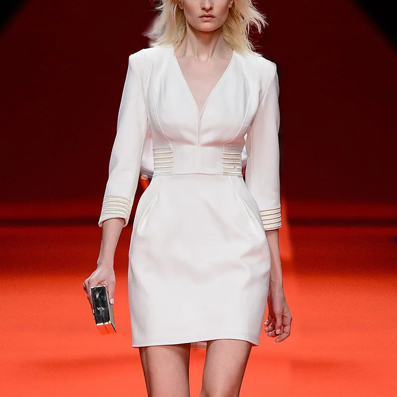 Fashionable Elegant V-neck White Long Sleeve Ladies Evening Bandage Dress