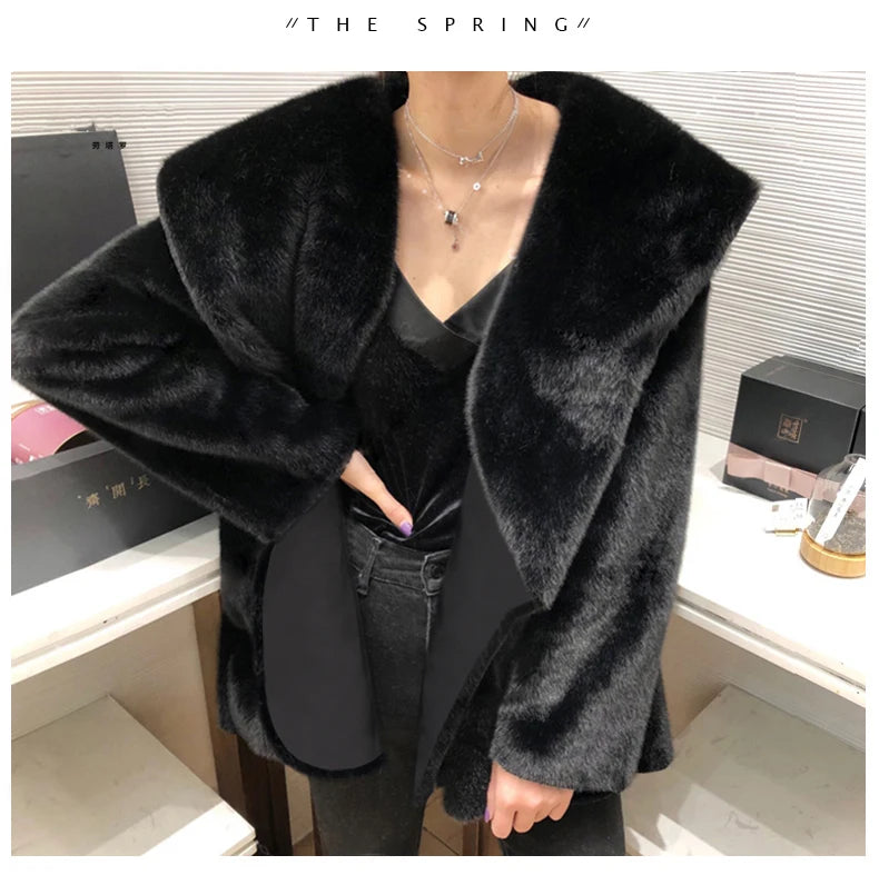 Lautaro Winter Black Warm Oversized Faux Fur Cardigan Women Drop Shoulder Long Sleeve Sashes Loose Stylish Korean Fashion 2021