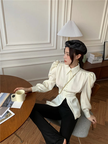 Casual Chiffon Blouse and Tops Women 2024 Autumn Fashion Design Elegant Puff Sleeve Shirts Ladies French Bow Korean Style
