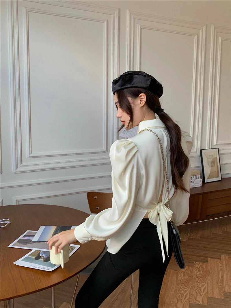 Casual Chiffon Blouse and Tops Women 2024 Autumn Fashion Design Elegant Puff Sleeve Shirts Ladies French Bow Korean Style