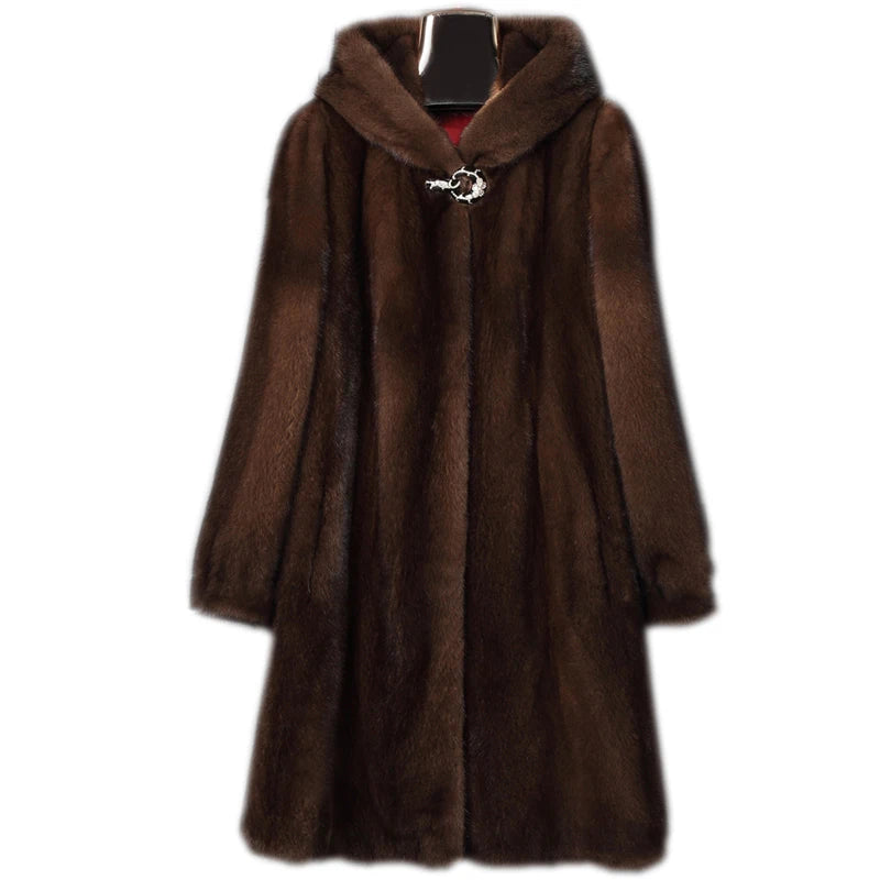 Winter women's new mink coat long hooded casual warm jacket