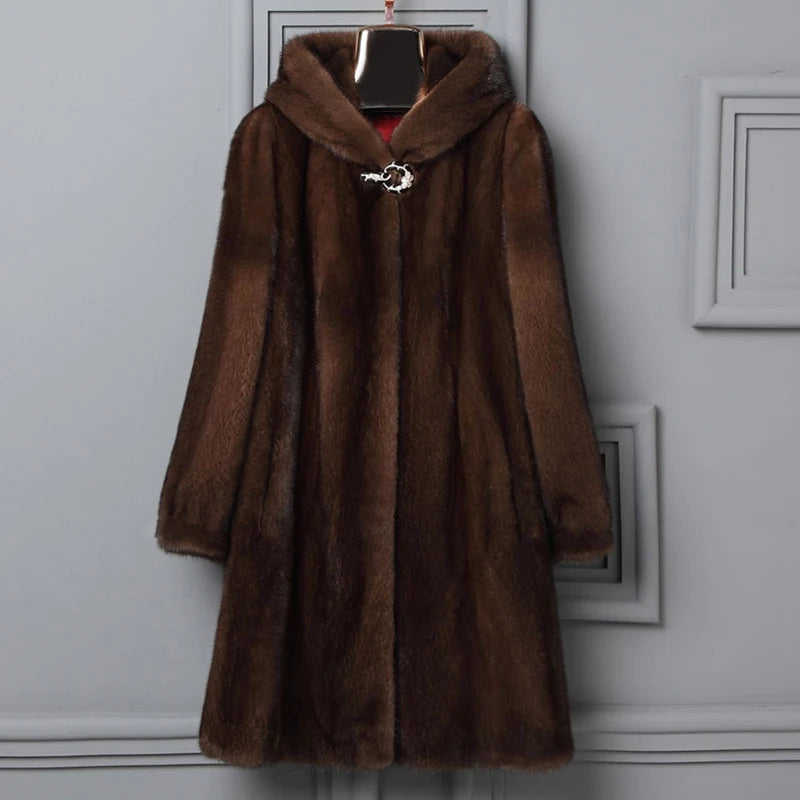 Winter women's new mink coat long hooded casual warm jacket