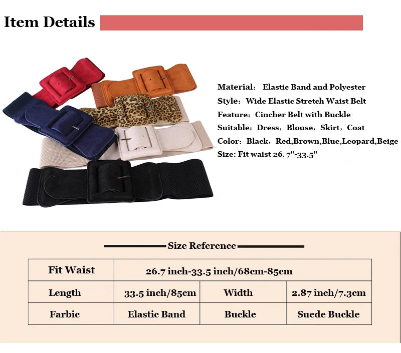 Women Waist Belt Cummerbund Elastic Belt Dress Decorate Waistband Wide Stretchy Cinch Belts with Suede Buckle
