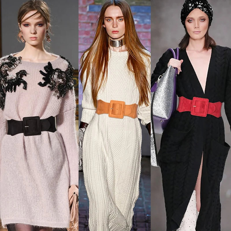 Women Waist Belt Cummerbund Elastic Belt Dress Decorate Waistband Wide Stretchy Cinch Belts with Suede Buckle