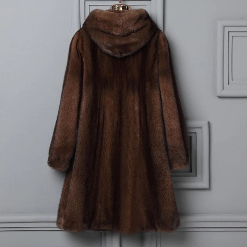 Winter women's new mink coat long hooded casual warm jacket