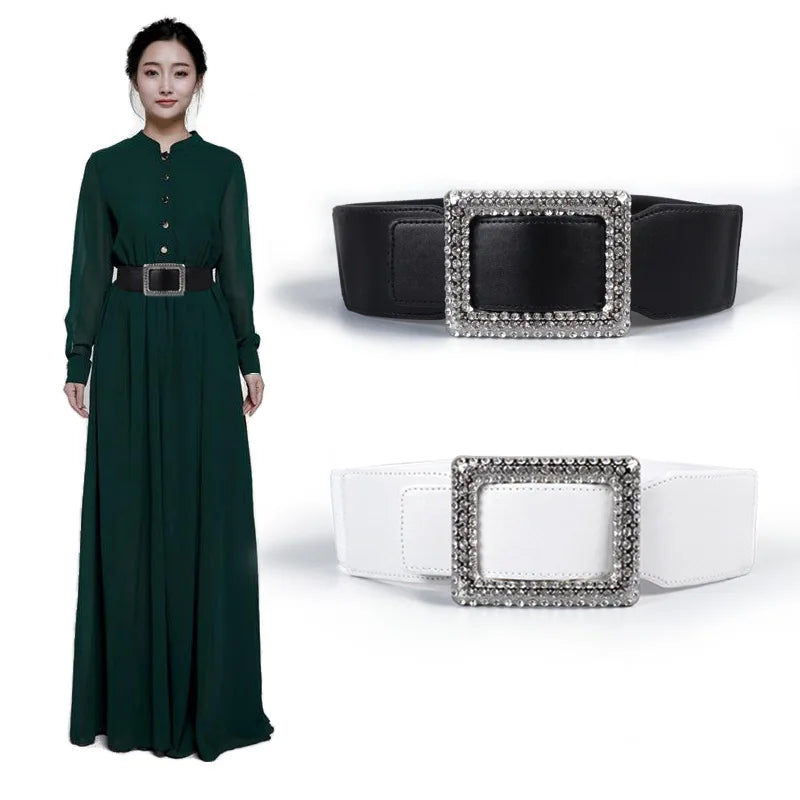luxury crystal Design female elastic wide waistband fashion rhinestone buckles Elastic skirt wide belt for Women Designer Belt