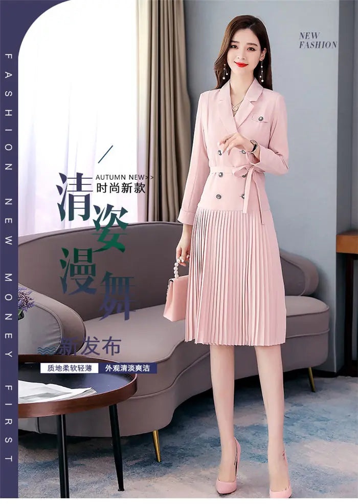 Notched Pleated Dress for Ladies Professional Suit Office Blazer Pink or Black Workwear Spring and Autumn New Fashion K1093