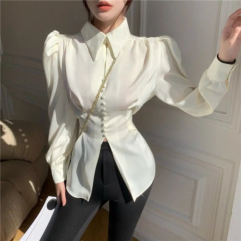 Shirts Women Vintage Fashion Design Puff Sleeve Sexy Split Spring Autumn Harajuku Elegant Office Lady Casual Tunic College Retro