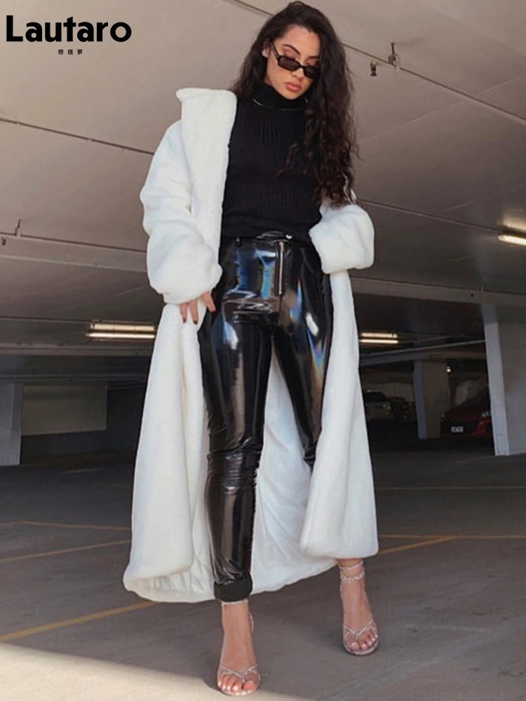 Lautaro Winter Long White Fluffy Warm Oversized Faux Fur Coat Women with Hood Lapel Sashes Loose Korean Fashion 2021 Outerwear