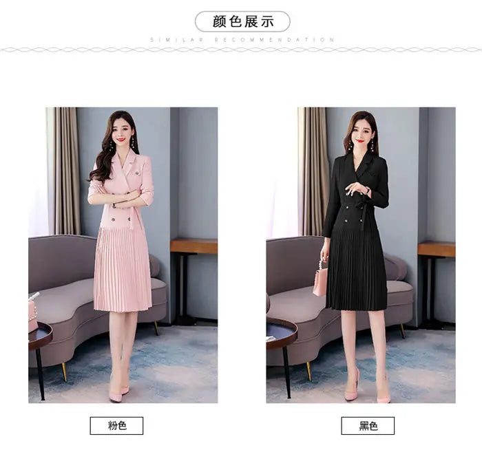 Notched Pleated Dress for Ladies Professional Suit Office Blazer Pink or Black Workwear Spring and Autumn New Fashion K1093