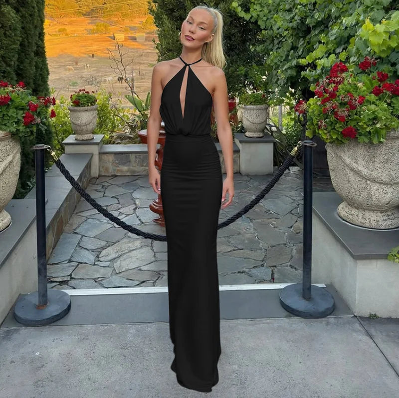 European Hot-Selling Women's Fashion 2025 Summer New Straight Backless Elegant Hollow Halter Strap Breathable Party