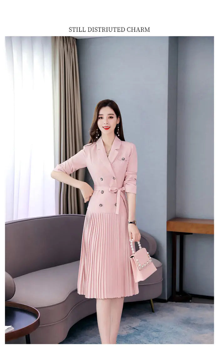 Notched Pleated Dress for Ladies Professional Suit Office Blazer Pink or Black Workwear Spring and Autumn New Fashion K1093