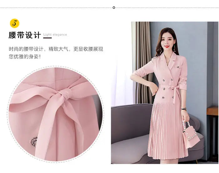 Notched Pleated Dress for Ladies Professional Suit Office Blazer Pink or Black Workwear Spring and Autumn New Fashion K1093