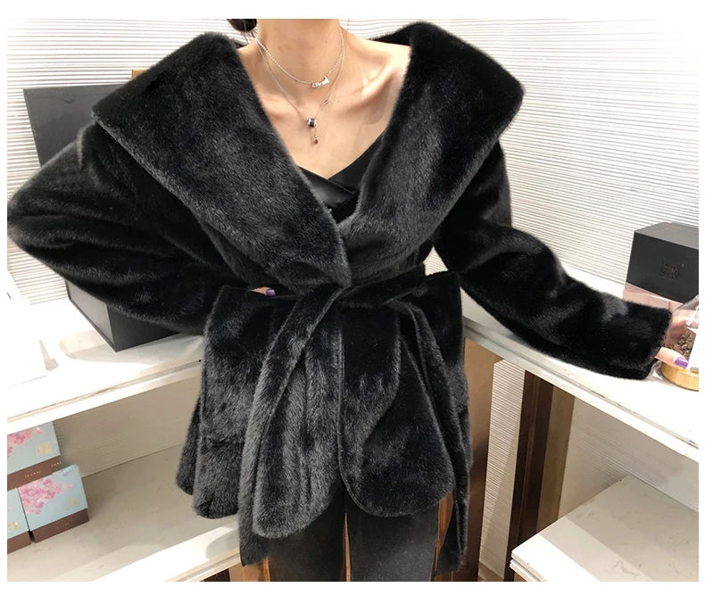 Lautaro Winter Black Warm Oversized Faux Fur Cardigan Women Drop Shoulder Long Sleeve Sashes Loose Stylish Korean Fashion 2021